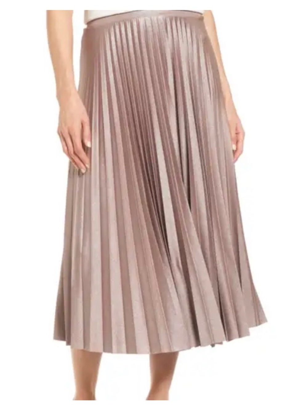 Halogen Metallic Pleated Midi Skirt in Taupe Blush